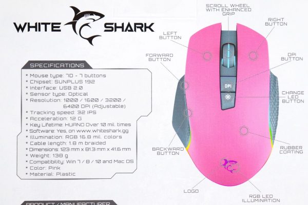 Gaming miš White Shark Gareth Pink 6400dpi GM-5009 - Slika 11