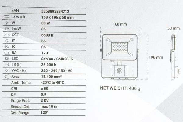 LED Reflektor sa senzorom Green Tech 30W AFS-30WH 2550lm IP65 6500K bijeli - Slika 2
