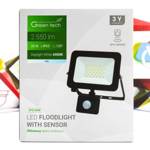 LED Reflektor sa senzorom Green Tech 30W AFS-30BK 2550lm IP65 6500K crni
