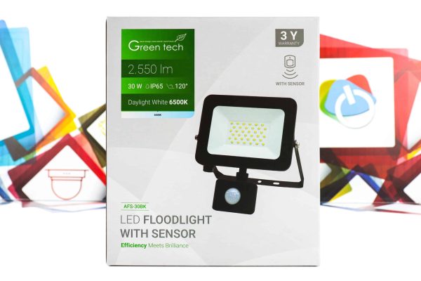 LED Reflektor sa senzorom Green Tech 30W AFS-30BK 2550lm IP65 6500K crni