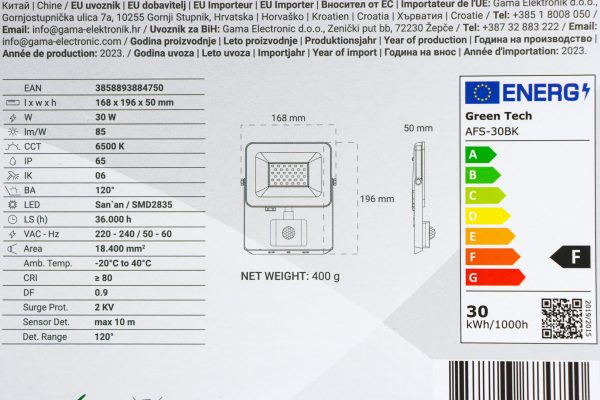 LED Reflektor sa senzorom Green Tech 30W AFS-30BK 2550lm IP65 6500K crni - Slika 2