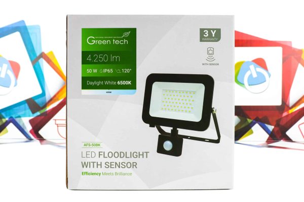 LED Reflektor sa senzorom Green Tech 50W AFS-50BK 4250lm IP65 6500K crni