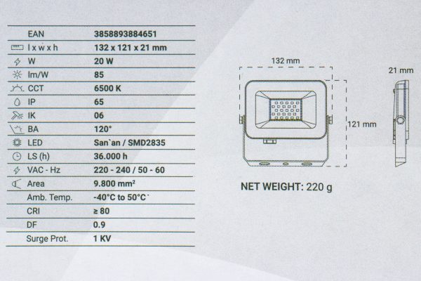 LED Reflektor Green Tech 20W ALX-20BK 1700lm IP65 6500K crni - Slika 2
